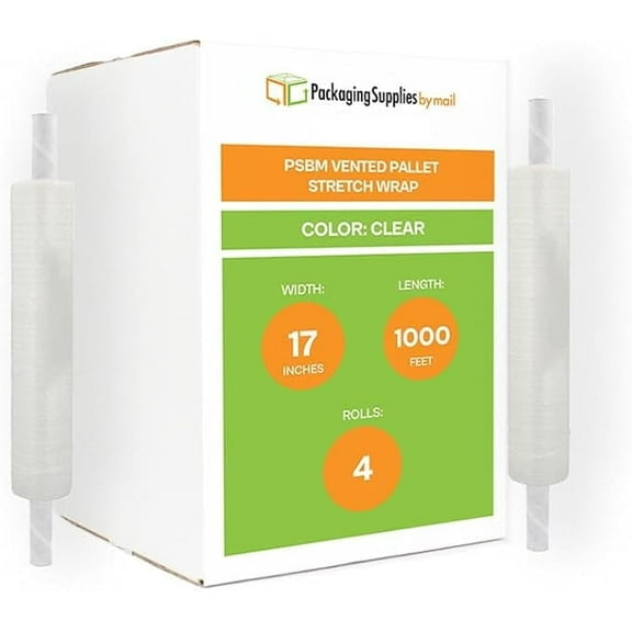 PSBM Extended Core Machine Vented Stretch Wrap Clear 17" x 1000' 4 Rolls 65 Gauge Plastic Clear Airflow for Foods & Greenhouse Plant Packing