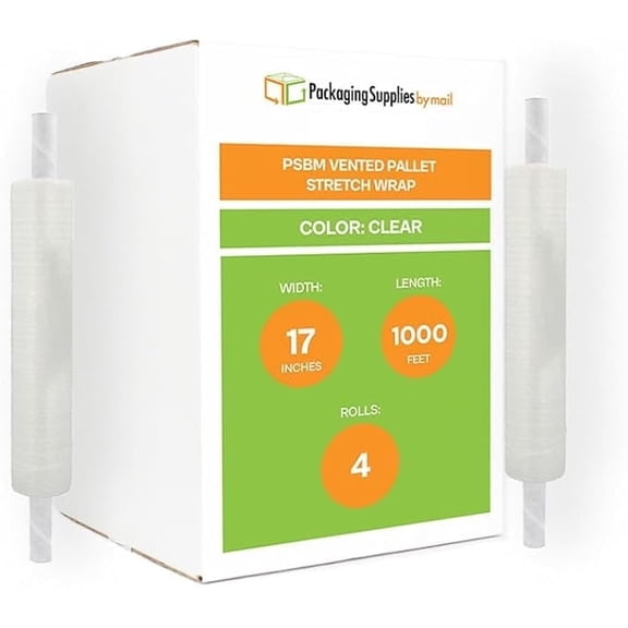 PSBM Extended Core Machine Vented Stretch Wrap Clear 17" x 1000' 4 Rolls 65 Gauge Plastic Clear Airflow for Foods & Greenhouse Plant Packing