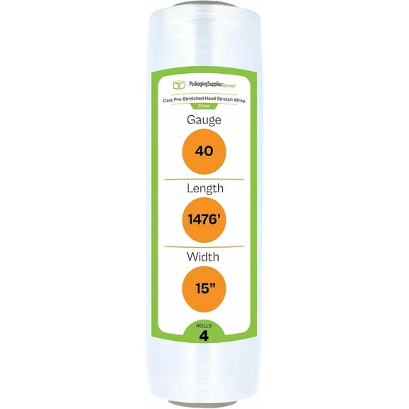 PSBM Cast Hand Pre-Stretch Wrap 15" x 1476 Feet 4 Rolls 40 Gauge Plastic Clear Shrink Film for Moving Packing