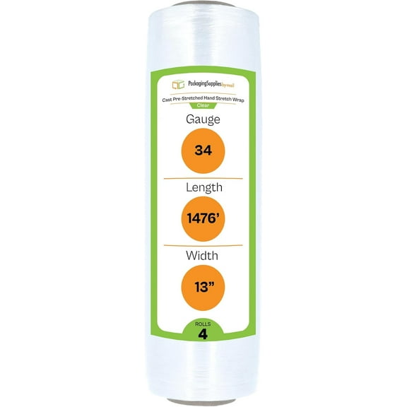 PSBM Cast Hand Pre-Stretch Wrap 13" x 1476 Feet 4 Rolls 34 Gauge Plastic Clear Shrink Film for Moving Packing