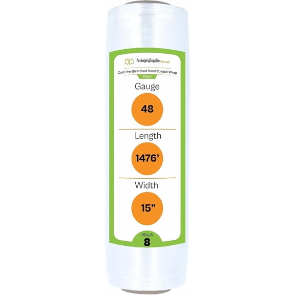 PSBM Cast Hand Pre-Stretch Wrap 15" x 1476 Feet 8 Rolls 48 Gauge Plastic Clear Shrink Film for Moving Packing
