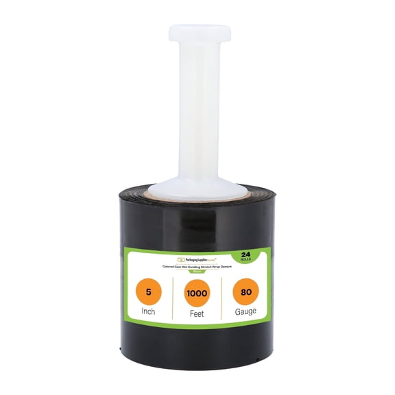PSBM Cast Mini Stretch Wrap with One Reuseable Handle with Each Case 5" x 1000' 80 Gauge 24 Rolls Black Plastic Shrink Film