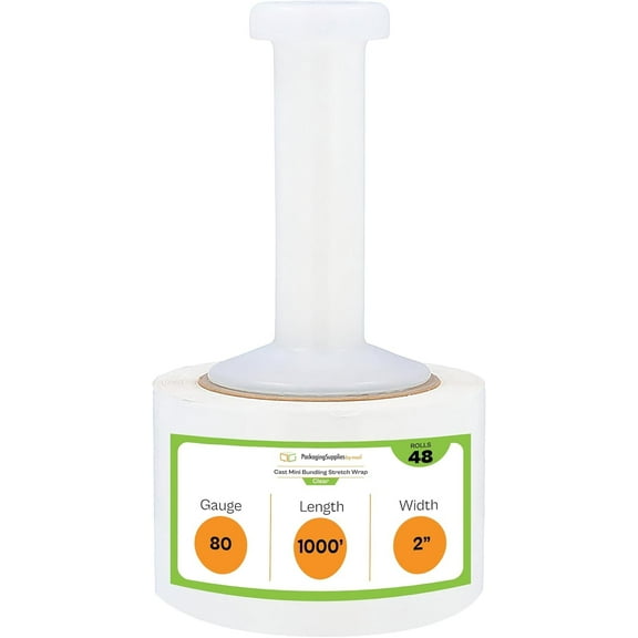 PSBM Cast Mini Hand Stretch Wrap 2" x 1000' 48 Rolls 80 Gauge Clear Shrink Film for Packing 1 Free Plastic Dispenser Handle Per Case