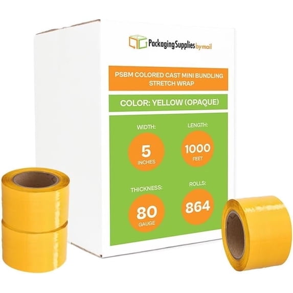 PSBM Cast Mini Stretch Wrap with One Reuseable Handle with Each Case 5" x 1000' 80 Gauge 864 Rolls Yellow Plastic Shrink Film