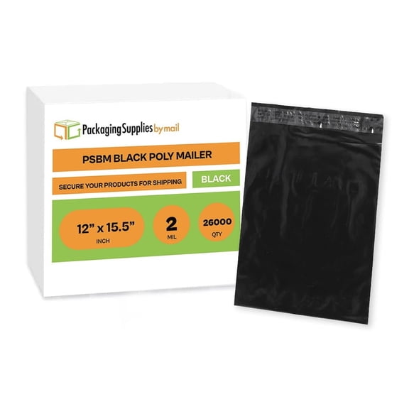 PSBM Black Poly Mailers 12" x 15.5" Self Adhesive Water Resistant and Lightweight Bags for Shipping 26000 Pcs 2 Mil