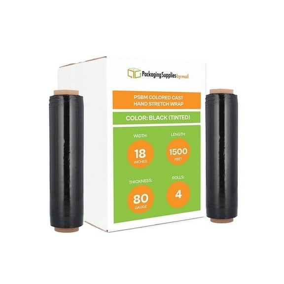 PSBM Cast Hand Stretch Wrap 18" x 1500' 4 Rolls 80 Gauge Plastic Black Tinted Self Adhesive Shrink Film for Packing