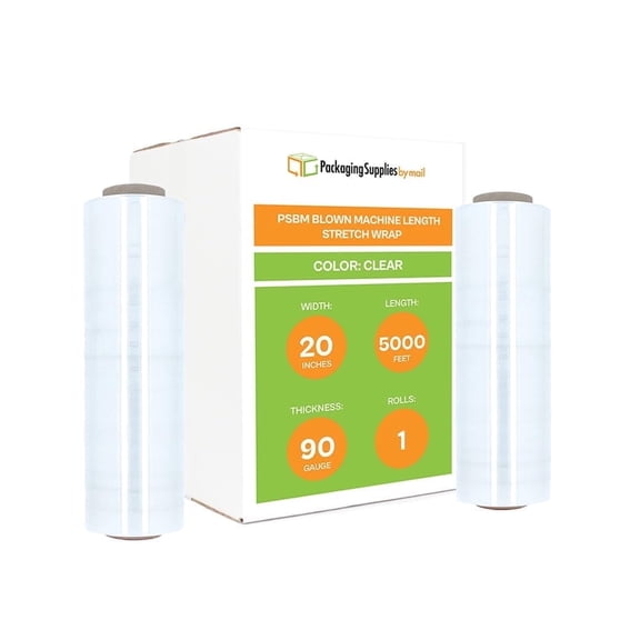 PSBM Blown Machine Stretch Wrap 20 Inch x 5000 Feet 90 Gauge 1 Roll Self Adhering Shrink Film for Pallet Packaging Packing Moving