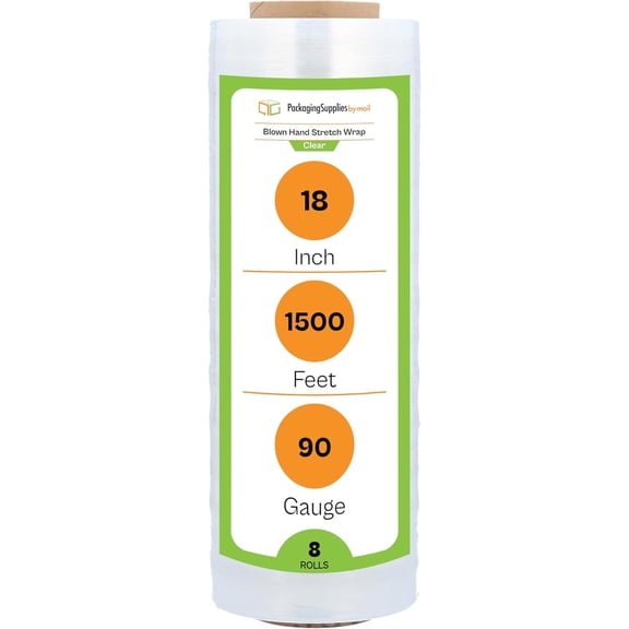 PSBM Blown Stretch Wrap, 8 Rolls 18 Inch x 1500 Feet 90 Gauge Heavy Duty Clear Plastic Wrap Industrial Strength Shrink Film for Moving, Packing & Shipping
