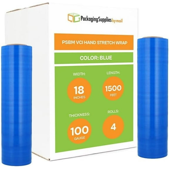 PSBM VCI Cast Hand Stretch Wrap 18" x 1500' 4 Rolls 100 Gauge Blue Plastic Prevents Rust corrosion Packaging Shrink Film