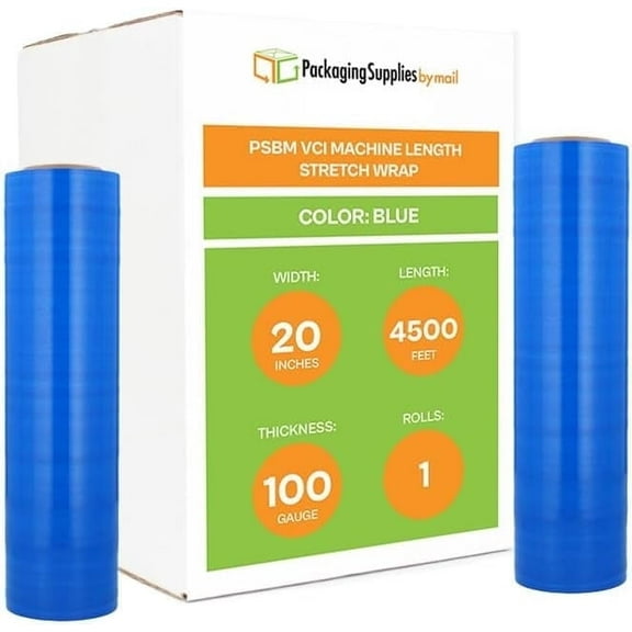 PSBM VCI Machine Stretch Film 20" x 4500' 1 Roll 100 Gauge Blue Plastic Shrink Film Blocks Out Moisture and Prevents Rust Corrosion