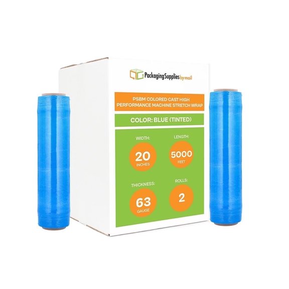 PSBM High Performance Machine Stretch Wrap 20 Inch x 5000 Feet 2 Rolls 63 Gauge Tinted Blue Plastic Designed for Pallet Machine Applicators