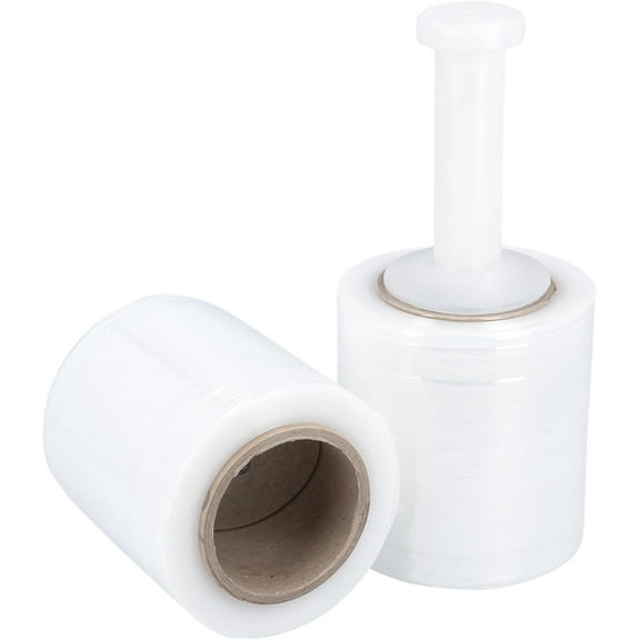 PSBM Cast Mini Hand Stretch Wrap 4" x 1000' 12 Rolls 80 Gauge Clear Shrink Film for Packing 1 Free Plastic Dispenser Handle Per Case