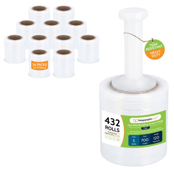PSBM Cast Mini Hand Stretch Wrap 5" x 700' 432 Rolls 120 Gauge Clear Shrink Film for Packing 1 Free Plastic Dispenser Handle Per Case