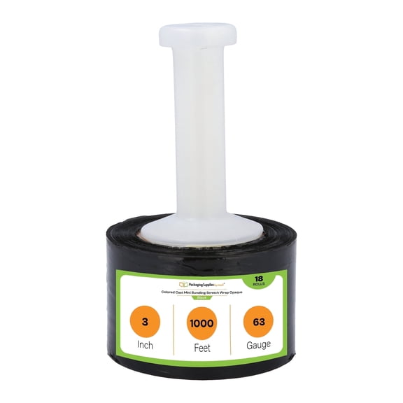 PSBM Cast Mini Stretch Wrap with One Reuseable Handle with Each Case 3" x 1000' 63 Gauge 18 Rolls Black Plastic Shrink Film