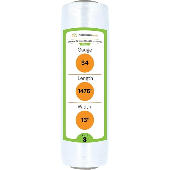 PSBM Cast Hand Pre-Stretch Wrap 13" x 1476 Feet 8 Rolls 34 Gauge Plastic Clear Shrink Film for Moving Packing