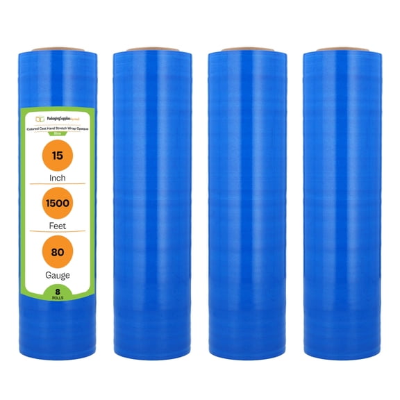 PSBM Cast Hand Stretch Wrap 15" x 1500' 8 Rolls 80 Gauge Plastic Blue Opaque Self Adhesive Shrink Film for Packing