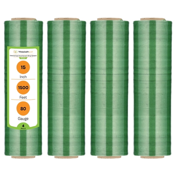 PSBM Cast Hand Stretch Wrap 15" x 1000' 4 Rolls 80 Gauge Plastic Green Opaque Self Adhesive Shrink Film for Packing