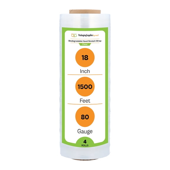 PSBM Cast Hand Stretch Wrap 18" x 1500' 4 Rolls 80 Gauge Clear Plastic Biodegradable Shrink Film for Packing Moving