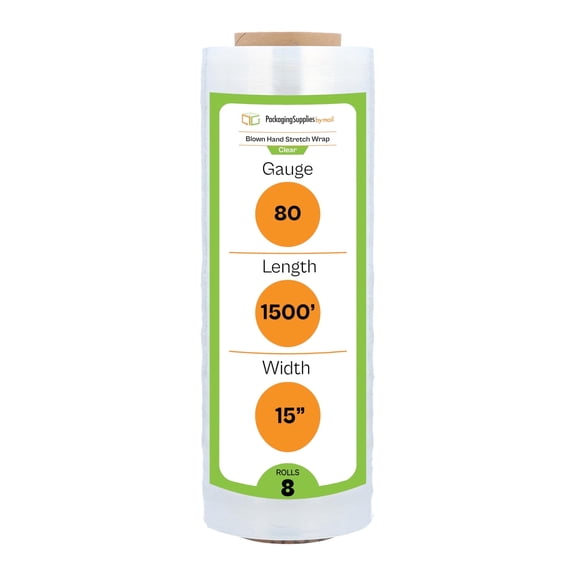 PSBM Hand Stretch Wrap 15 Inch x 1500 Feet 80 Gauge 8 Rolls Clear Plastic Blown Shrink Film for Packaging Moving Wrapping