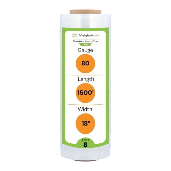 PSBM Hand Stretch Wrap 18 Inch x 1500 Feet 80 Gauge 8 Rolls Clear Plastic Blown Shrink Film for Packaging Moving Pallets
