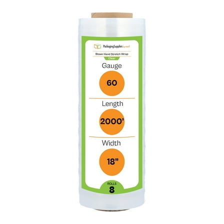 PSBM Hand Stretch Wrap 18 Inch x 2000 Feet 60 Gauge 8 Rolls Clear Plastic Blown Shrink Film for Packaging Moving Pallets
