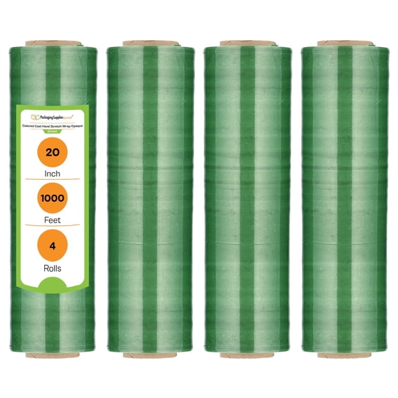 PSBM Cast Hand Stretch Wrap 20" x 1000' 4 Rolls 70 Gauge Plastic Green Opaque Self Adhesive Shrink Film for Packaging