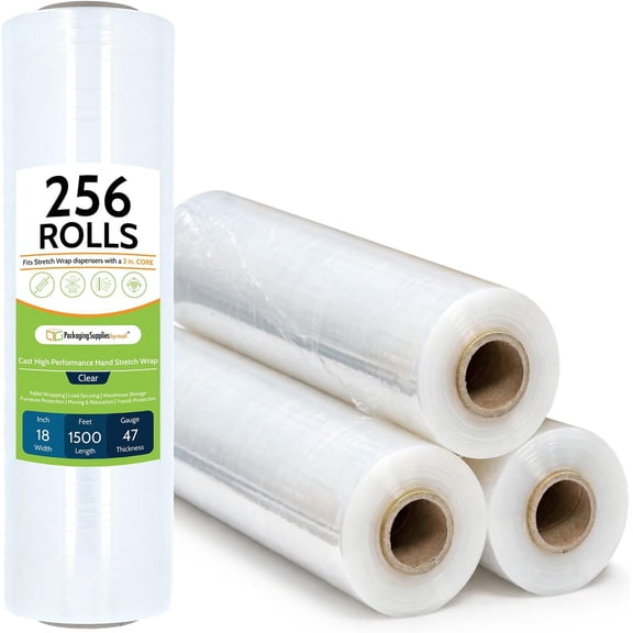 PSBM High Performance Hand Stretch Wrap 18" x 1500' 256 Rolls 47 Gauge Clear Plastic Shrink Film for Moving Packing and Wrapping
