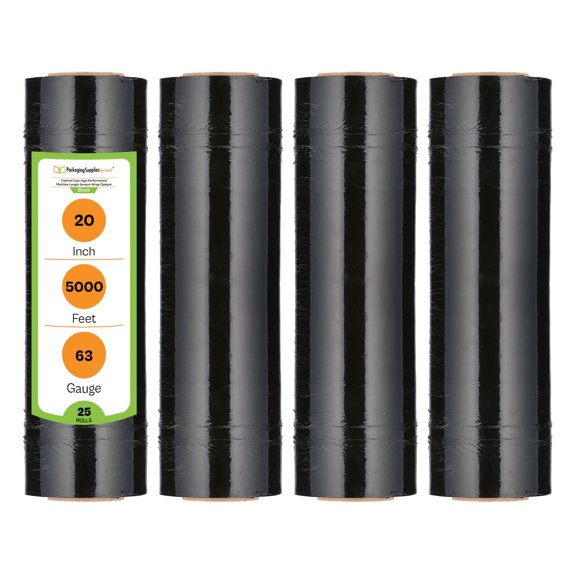 PSBM High Performance Machine Stretch Wrap 20 Inch x 5000 Feet 25 Rolls 63 Gauge Opaque Black Plastic Designed for Pallet Machine Applicators
