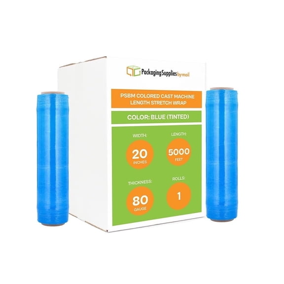PSBM Cast Machine Stretch Wrap 20 Inch x 5000 Feet 1 Roll 80 Gauge Tinted Blue Plastic Shrink Film for Packing