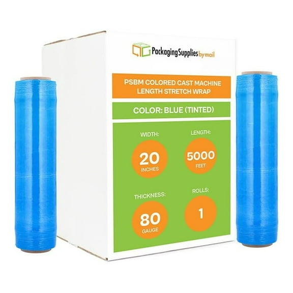 PSBM Machine Blue Stretch Wrap, 1 Pack, 20 Inch x 5000 Feet, 80 Gauge, Tinted Color Plastic Cling Designed for Pallet Machine