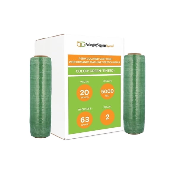 PSBM High Performance Machine Stretch Wrap 20 Inch x 5000 Feet 2 Rolls 63 Gauge Tinted Green Plastic Designed for Pallet Machine Applicators