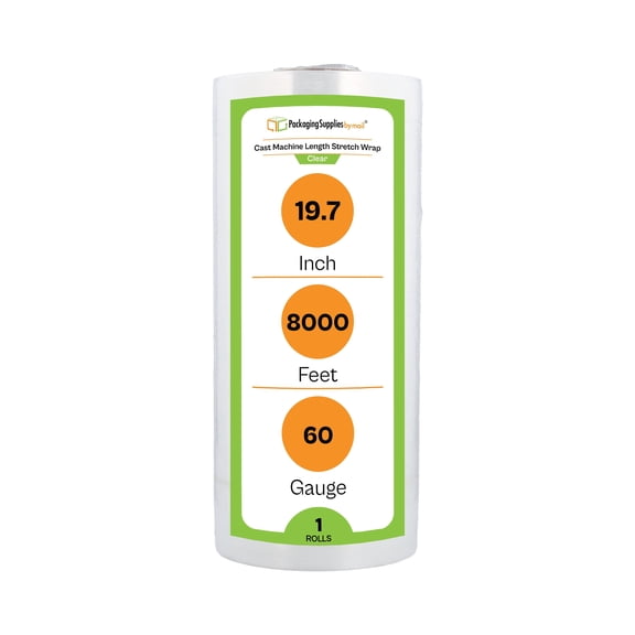PSBM Machine Stretch Wrap 19.7" x 8000' 1 Roll 60 Gauge Clear Plastic Cast Shrink Film for Moving Packing Pallets