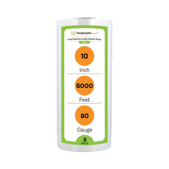 PSBM Machine Stretch Wrap 10" x 6000' 2 Rolls 80 Gauge Clear Plastic Cast Shrink Film for Moving Packing Pallets