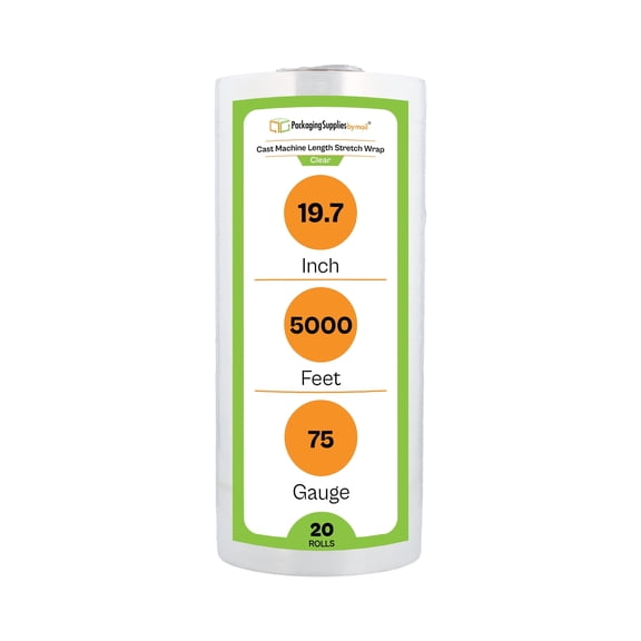 PSBM Machine Stretch Wrap 19.7" x 5000' 20 Rolls 75 Gauge Clear Plastic Cast Shrink Film for Moving Packing Pallets