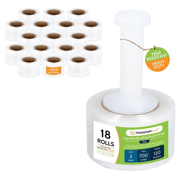 PSBM 3" x 700' Mini Bundling Stretch Wrap with Handle, 120 Gauge, Clear, 18 Rolls – Plastic Shrink Film for Moving, Storage, Bundling, and Industrial Use