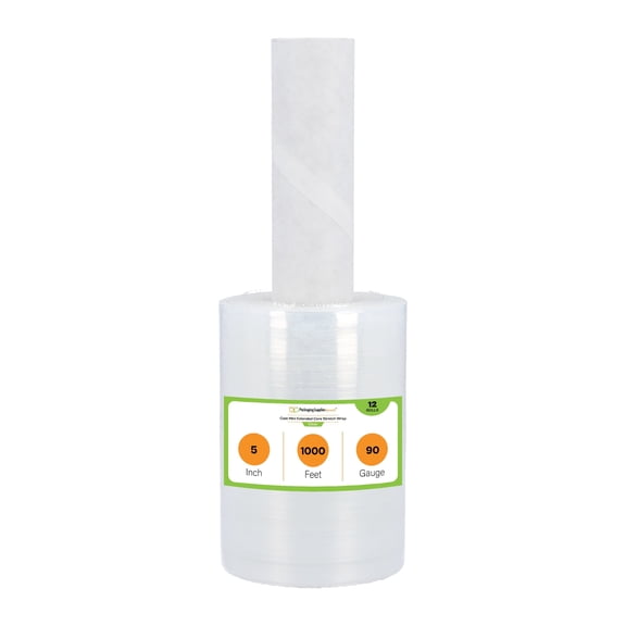 PSBM Mini Hand Stretch Wrap with Extended Core Handle 5" x 1000' 12 Rolls 90 Gauge Clear Plastic Shrink Film for Packing Moving
