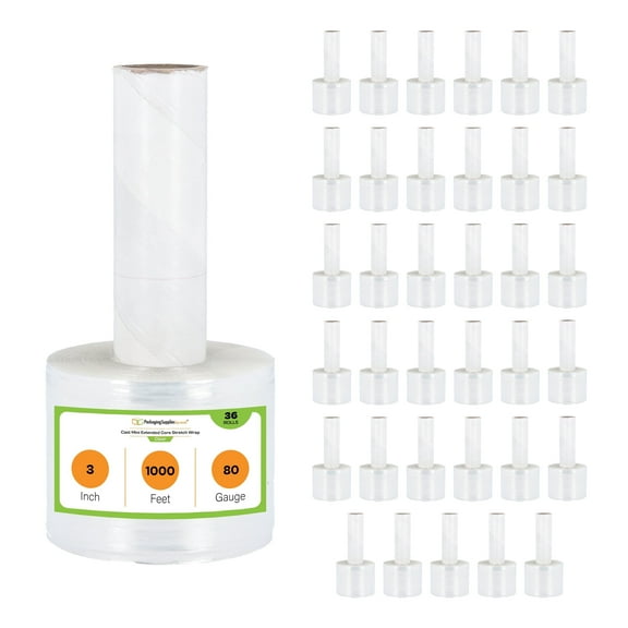 PSBM Mini Hand Stretch Wrap with Extended Core Handle 3" x 1000' 36 Rolls 80 Gauge Clear Plastic Shrink Film for Packing Moving