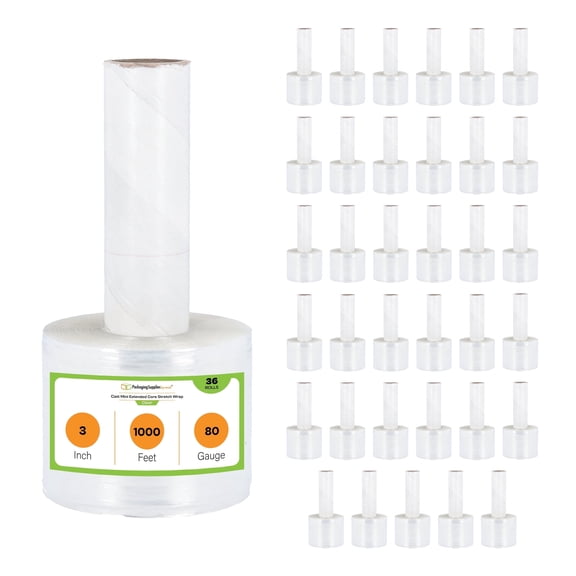 PSBM Mini Hand Stretch Wrap with Extended Core Handle 3" x 1000' 36 Rolls 80 Gauge Clear Plastic Shrink Film for Packing Moving