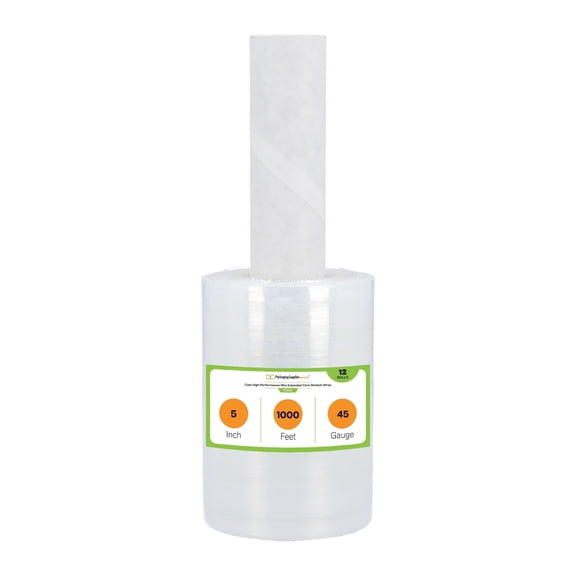 PSBM Narrow Banding Down Gauge Stretch Film 5" x 1000' x 45 Gauge, 12 Rolls   Plastic Handle for Shipping and Packaging