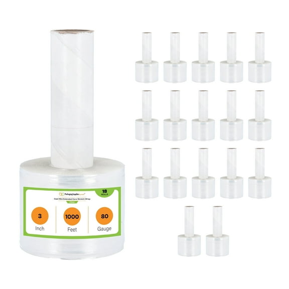 PSBM Mini Hand Stretch Wrap with Extended Core Handle 3" x 1000' 18 Rolls 80 Gauge Clear Plastic Shrink Film for Packing Moving