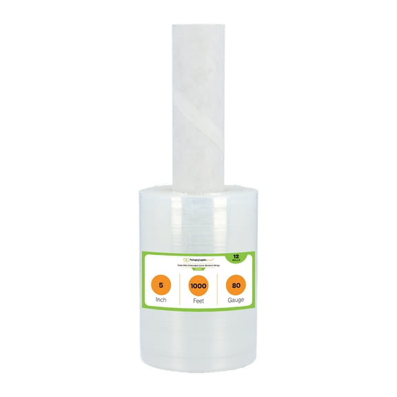 PSBM Mini Stretch Wrap with Extended Handle 5"x1000' 12 Rolls 80 Gauge Clear Shrink Film/Wrap, Heavy Duty Industrial Strength Up to 800% Ultimate S Wrap for Moving, Packing, Shipping