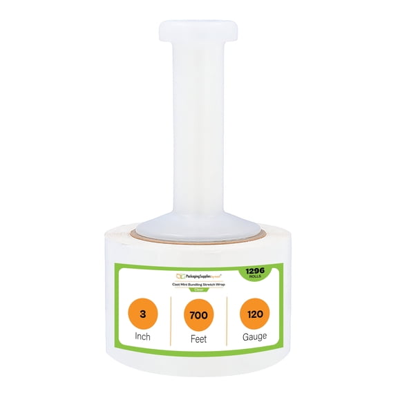 PSBM Cast Mini Hand Stretch Wrap 3" x 700' 1296 Rolls 120 Gauge Clear Shrink Film for Packing 1 Free Plastic Dispenser Handle Per Case
