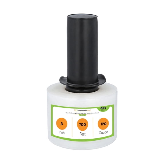 PSBM Mini Hand Stretch Wrap with Spinner Handle 3" x 700' 666 Rolls 120 Gauge Clear Plastic Shrink Film for Packing Moving