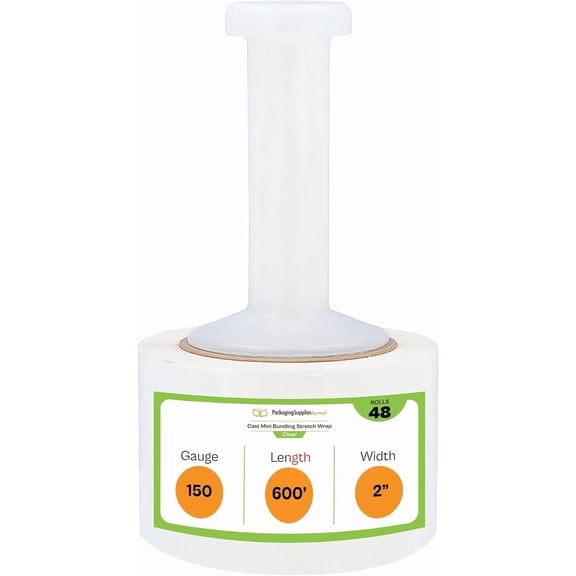 PSBM Cast Mini Hand Stretch Wrap 2" x 600' 48 Rolls 150 Gauge Clear Shrink Film for Packing 1 Free Plastic Dispenser Handle Per Case