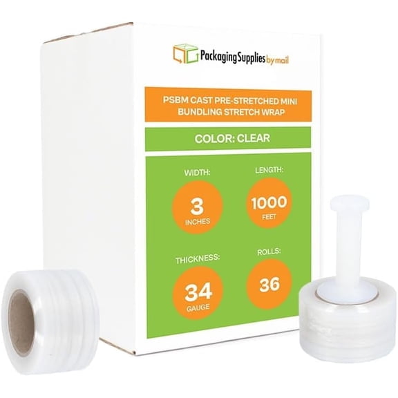 PSBM Cast Hand Pre-Stretched Mini Stretch Wrap 3" x 1000' 36 Rolls 34 Gauge Plastic Clear Shrink Film for Packing