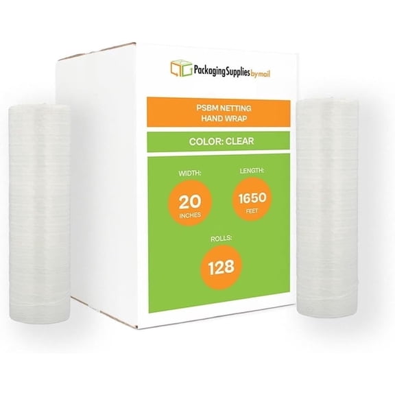 PSBM Neeting Hand Stretch Wrap 20" x 1650' 128 Rolls Plastic Clear Film for Food Ventilation Enhanced Airflow for Frozen Foods & Plant Packaging