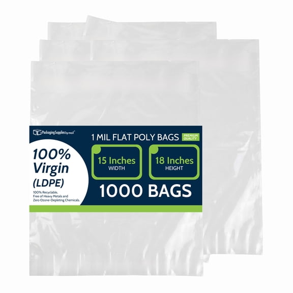 PSBM Open-End Flat Poly Bags 15" x 18" 1 Mil 1000 Pack Ideal for E-Commerce, Food, Apparel and Industril Packing and Shipping