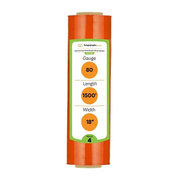 PSBM Cast Hand Stretch Wrap 18" x 1500' 4 Rolls 80 Gauge Plastic Orange Tinted Self Adhesive Shrink Film for Packing