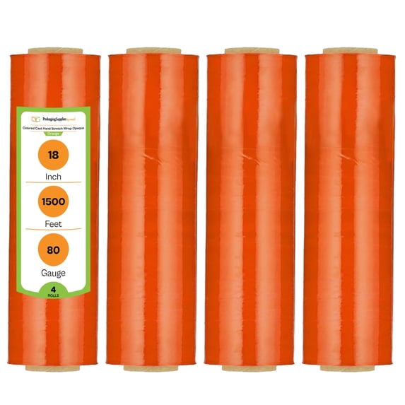 PSBM Cast Hand Stretch Wrap 18" x 1500' 4 Rolls 80 Gauge Plastic Orange Opaque Self Adhesive Shrink Film for Packing