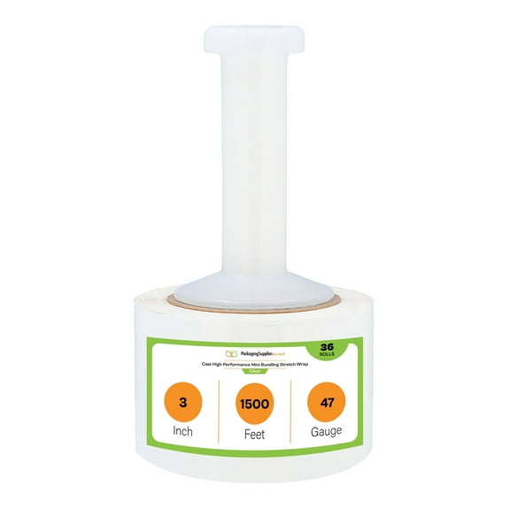 PSBM Mini Stretch Wrap 3" x 1500' 36 Rolls 47 Gauge Clear Plastic Shrink Film with 1 Free Plastic Dispenser Handle Per Case